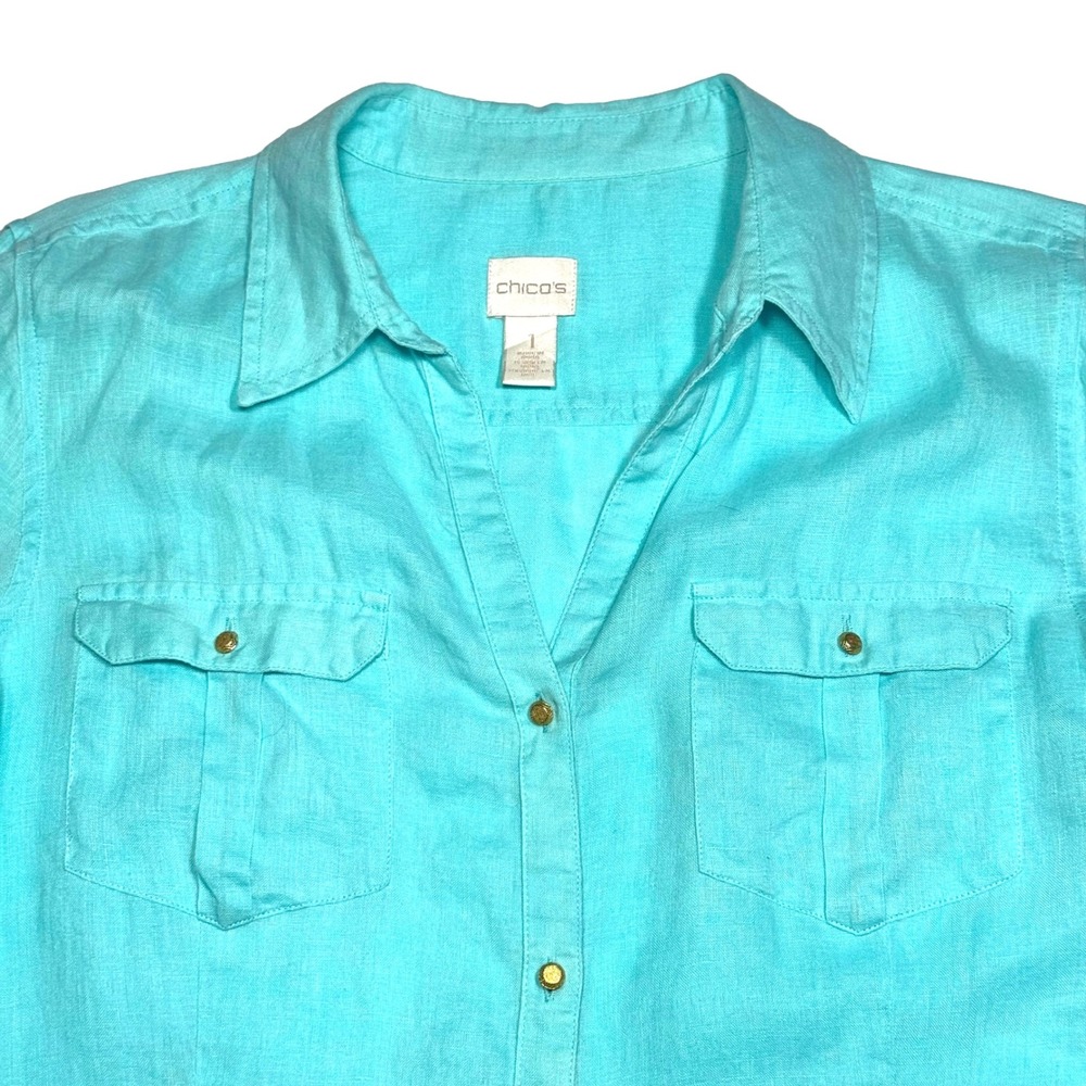 Chicos Womens Turquoise 100% Linen Button Down Roll Tab Shirt Aqua Size 1 Medium - Picture 6 of 10